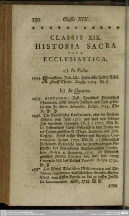 Classis XIX. Historia Sacra Sive Ecclesiastica