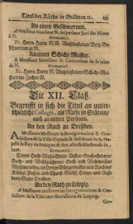Die XII. Claß. Begreifft in sich die Titul an unterschiedliche Collegia, als Räthe in Städten / auch an andere Personen