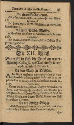 Die XII. Claß. Begreifft in sich die Titul an unterschiedliche Collegia, als Räthe in Städten / auch an andere Personen