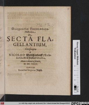 Disquisitio Theologico-Historica De Secta Flagellantium