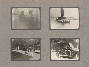 links oben: Großherzogin Luise und Erbgroßherzogin Hilda (?) auf einem Boot vor der Mainau rechts oben: Bootsfahrt vor der Mainau links unten: Knaben (unbekannt) beim Spielen im Garten von Schloss Mainau rechts unten: Automobil auf der Mainau