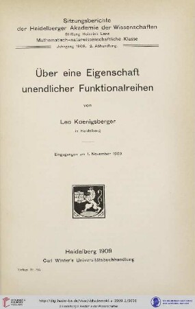 1909, 2. Abhandlung: Sitzungsberichte der Heidelberger Akademie der Wissenschaften, Mathematisch-Naturwissenschaftliche Klasse: Über eine Eigenschaft unendlicher Funktionalreihen