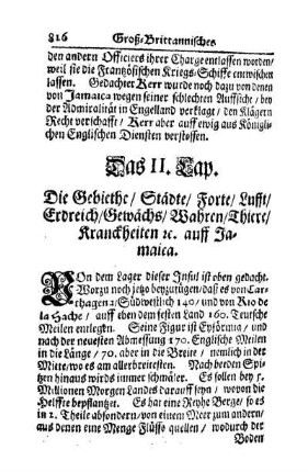 Das II. Kap. - Die Gebiethe-Städte-Forte-Lufft-Erdreich-Gewächs-Wahren-Thiere-Kranckheiten etc. auff Jamaica.