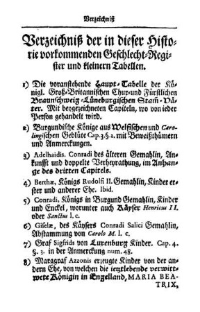 Verzeichniß der in dieser Historie vorkommenden Geschlecht-Register und kleinern Tabellen