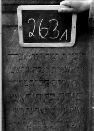 Grabstein 263 (Index: 100112086) Material: Sandstein Zustand: quer gebrochen und repariert mit Textverlust Maße HxBxT: 163x62x18 cm Beschreibung: Stele, Sockel, Abdeckplatte mit Konvexbogenaufsatz mit Eckakroteren, rechteckiges Schriftfeld eingetieft Symbolik: Blüte: Grabstein 263A