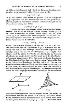 D. Zusammenhang zwischen den affinen und projektiven Koordinaten.