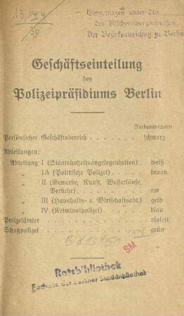 1928: Geschäftseinteilung des Polizeipräsidiums Berlin