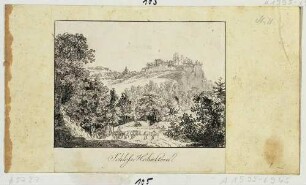 Stadt und Burg Hohnstein in der Sächsischen Schweiz aus dem Polenztal von Westen