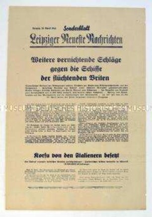 Sonderblatt der "Leipziger Neuesten Nachrichten" zu deutschen Luftangriffen gegen britische Schiffe in griechischen Gewässern
