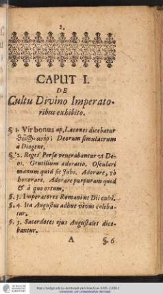 CAPUT I. DE Cultu Divino Imperatoribus exhibito.
