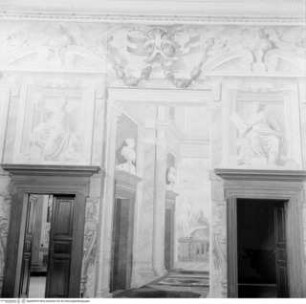 Geschichten des Odysseus und Scheinarchitekturen mit Landschaftsausblicken, Scheinarchitektur mit Landschaftsausblick & Personifikationen der freien Künste & Statuen & Ruinen