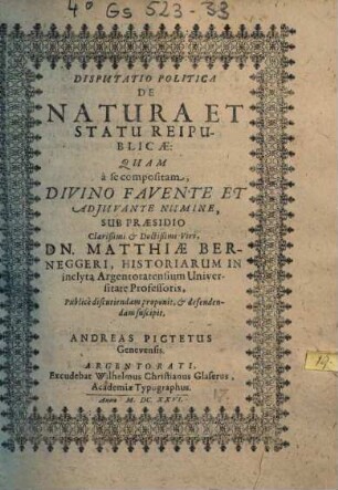 Disputatio Politica De Natura Et Statu Reipublicae