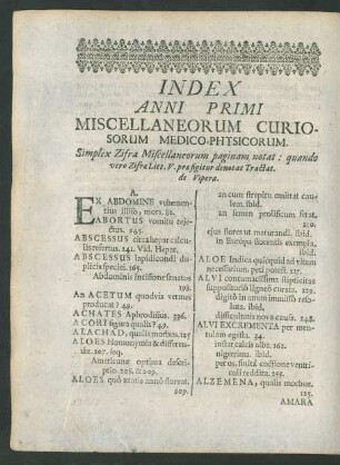 Index Anni Primi Miscellaneorum Curiosorum Medico-Physicorum.