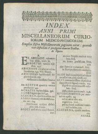 Index Anni Primi Miscellaneorum Curiosorum Medico-Physicorum.