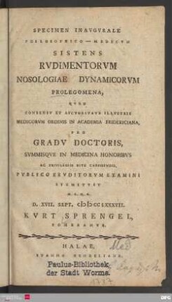 Specimen Inavgvrale Philosophico - Medicvm Sistens Rvdimentorvm Nosologiae Dynamicorvm Prolegomena