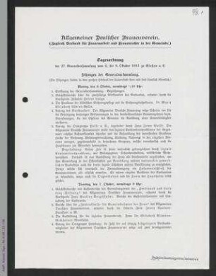 Tagesordnung zur 27. Generalversammlung des ADF 1913 in Gießen