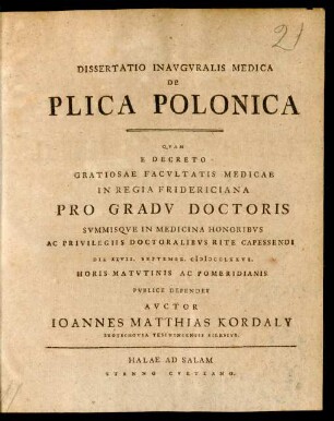 Dissertatio Inavgvralis Medica De Plica Polonica