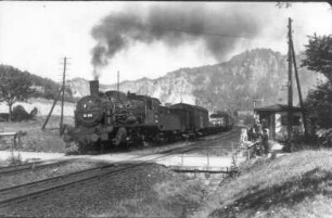 Personenzug-Lokomotive 38 202 vor einem Güterzug auf zweigleisiger Strecke in einer Mittelgebirgslandschaft : Personenzug-Lokomotive 38 202 vor einem Güterzug auf zweigleisiger Strecke in einer Mittelgebirgslandschaft. Ansicht von links (Heizerseite) sehr schräg von vorn beim Passieren eines beschrankten Bahnüberganges