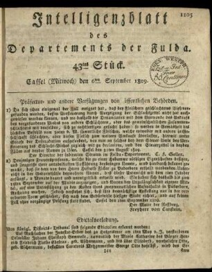 43tes Stueck, (Mitwoch) den 6ten September 1809