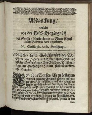 Abdanckung/ welche vor der Leich-Begängnüß der Seelig-Verstorbenen zu Ehren ...