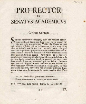 3, Pro-Rector et Senatus Academicus Civibus Salutem.