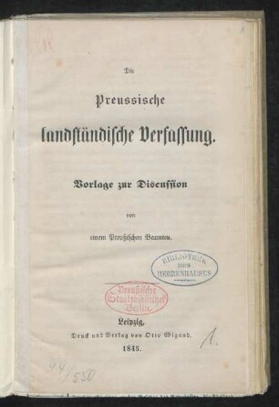 Die Preussische landständische Verfassung : Vorlage zur Discussion