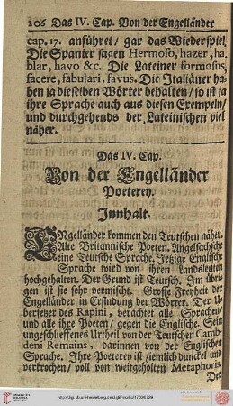 Das IV. Cap.: Von der Engelländer Poeterey