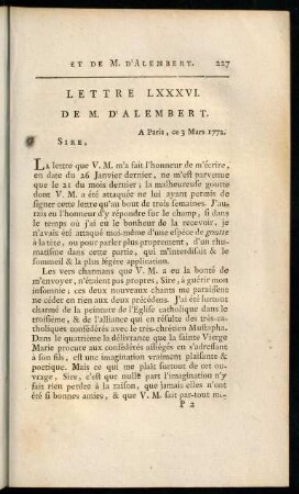 227-238, Lettre LXXXVI. de M. d'Alembert. - Lettre LXXXIX. de M. d'Alembert.