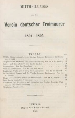 1894/95: Mitteilungen aus dem Verein Deutscher Freimaurer