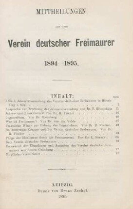 1894/95: Mitteilungen aus dem Verein Deutscher Freimaurer