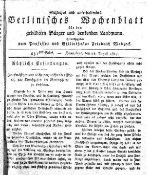 451stes Stueck, Sonnabend, den 23. August 1817