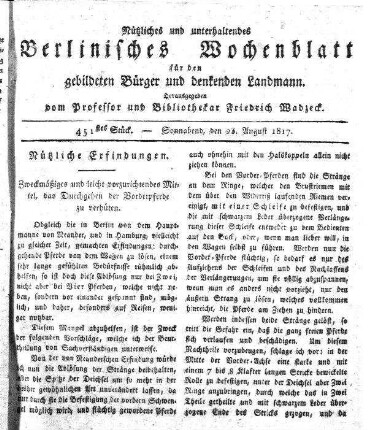 451stes Stueck, Sonnabend, den 23. August 1817