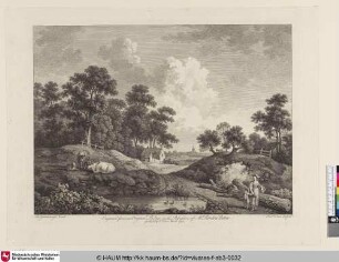 [Landschaft mit Hütten im Wald, im rechten Vordergrund eine Frau mit ihrem Sohn]