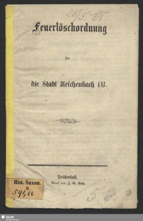 Feuerlöschordnung für die Stadt Reichenbach i. V.