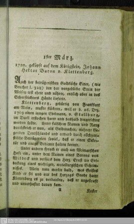 1ster März. 1720. geköpft auf dem Königstein, Johann Hektor Baron v. Klettenberg