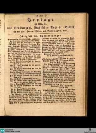 Großherzoglich Badisches Anzeige-Blatt für den See-, Donau-, Wiesen- und Dreisam-Kreis, Beylage des Großherzogl. Badischen Anzeige-Blatts für den See, Donau, Wiesen und Dreisam-Kreis