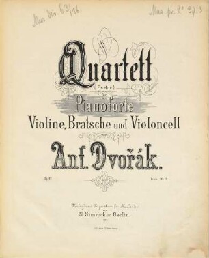 Quartett (Es dur) : für Pianoforte, Violine, Bratsche u. Violoncell ; op. 87