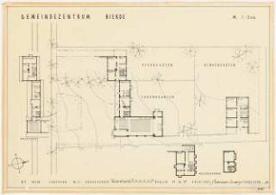 Gemeindezentrum Bierde: Lageplan mit 2 Grundrissen EG, 2 Grundrisse KG, Grundriss 1.OG, 1:200