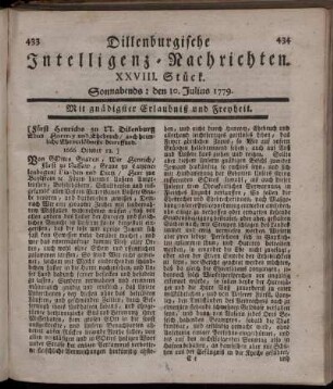 XXVIII. Stück. Sonnabends: den 10. Julius 1779.