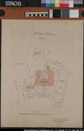 Justizgebäude Bl. 1 = Lageplan Bl. 2 - 3 = Grund- und Aufrisse Bl. 4 = Inventar Ausf.-Art: Zeichnungen Herst.: Borgmann Format: 37/52 x 30/42 cm Maßstab: 1 : 100/500