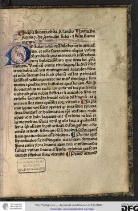 Incipit summa edita a sancto Thoma de Aquino de articulis fidei et ecclesie sacramentis.