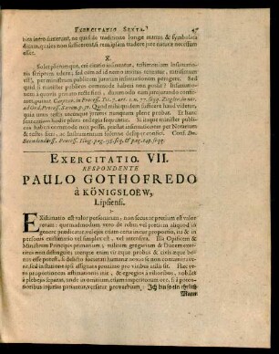 Exercitatio. VII. Respondente Paulo Gothofredo á Königsloew, Lipsiensi