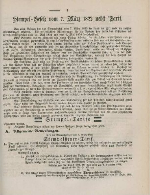 Stempel-Gesetz vom 7. März 1822 nebst Tarif