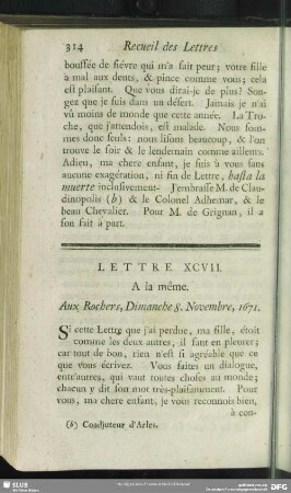 Lettre XCVII. A la même. Aux Rochers, Dimanche 8. Novembre, 1671