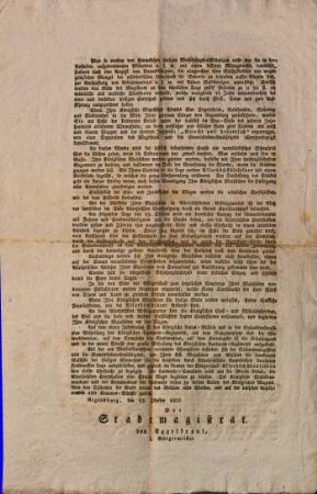Programm über die beim Empfange und während der höchsterfreulichen Anwesenheit Ihrer Königlichen Majestäten von Bayern zu Regensburg veranstalteten Feyerlichkeiten : [Regensburg, den 13. Oktober 1830]