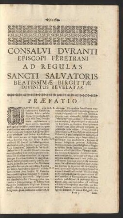 Consalvi Duranti Episcopi Feretrani Ad Regulas Sancti Salvatoris Beatissimae Birgittae Divinitus Revelatas.