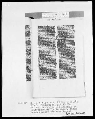 Lateinische Taschenbibel — Initiale V (erba quae), darin spricht Moses zum Volk Israel, Folio 62verso