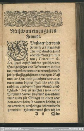 Missiv an einen guten Freundt