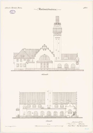 Maschinenlaboratorium der Technischen Hochschule Breslau: Südansicht, Ostansicht 1:100