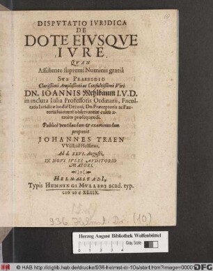 Disputatio Iuridica De Dote Eiusque Iure
